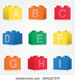 Set of colorful brick block cube toy alphabet with 3D perspective of building toys number for kid flyer, poster, web, ads, online, social media. baby and kids shop, children store, decoration, vector