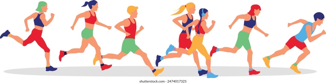Set of colorful bright cartoon characters, running people. Healthy lifestyle. Lose weight. Sports, running, training, jogging, marathon, city competitions, marathons, cardio training, physical exercis