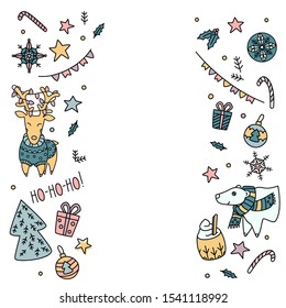 Set of colorful bright Doodle Christmas design elements around the edges . Winter animals and holiday attributes, presents, egg nog, stars. Perfect for invitations ,postcards,flyers, shop decoration