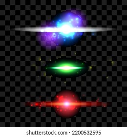 A set of colorful bright effects. Stars, planets, glowing bright highlights on a transparent background. Lens Flares and Lighting Effects, bokeh effect. Vector shiny FX