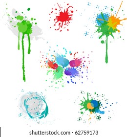 Set colorful bright ink splashes on white background