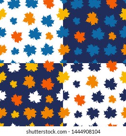 Set of colorful bright patterns on autumn theme. Maple orange and yellow leaves on white and dark blue background. Leaf fall