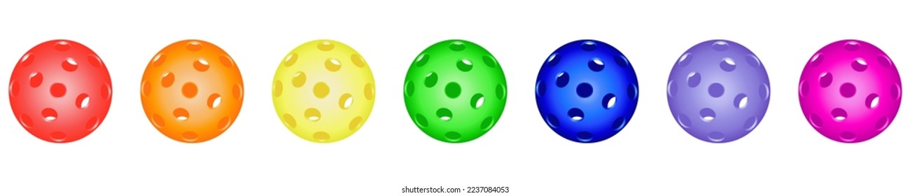 Set Colorful bright pickleball balls. Pickleball Sports equipment for outdoor games. Active sports for elderly, for children, whole family . Vector 3d illustration on white background