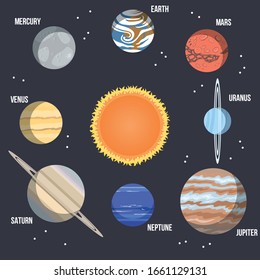 Set of colorful bright planets. Solar system, space with stars. Cute cartoon vector illustration.