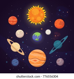 Set of colorful bright planets. Solar system, space with stars. Cute cartoon vector illustration.