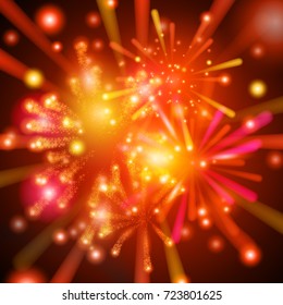 Set of colorful and bright red vector fireworks on dark background. Vector illustration for your graphic design.