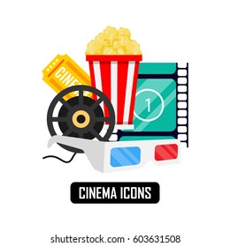 Set of colorful bright semi flat cinema, film, movie icons with popcorn, film strip, ticket, 3D glasses. Cinema concept vector illustration. 
