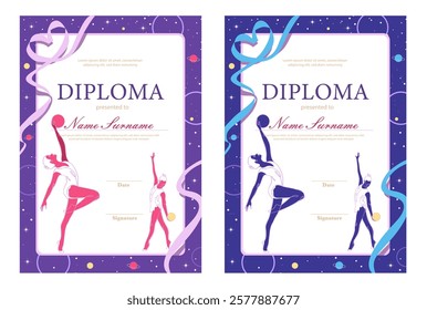 Set with colorful, bright, shiny rhythmic gymnastics diploma with ribbons and stars, pink, purple, blue colors. Competition certificate design 