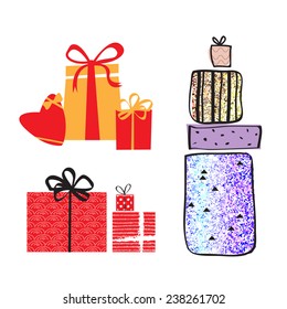Set of colorful bright shiny vector gift boxes with bows and ribbons.  Isolated vector illustration.