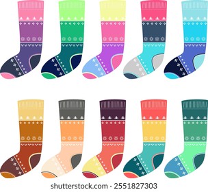 Set of colorful bright socks for Christmas gifts with ornament pattern