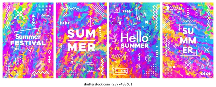Set of colorful bright summer triangular backgrounds. Trendy artistic design for banner, poster, flyer, cover or invitation. Psychedelic rainbow multicolored promotion design. Vector illustration