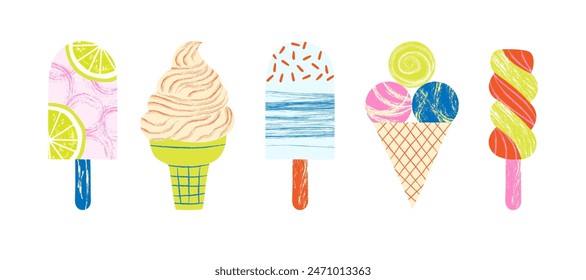 Set of colorful bright and tasty ice creams. Creative and cute vector  illustration of summer sweet food isolated on white background