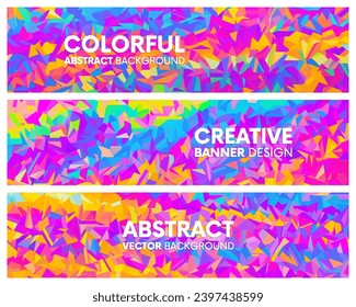 Set of colorful bright triangular geometric banners. Trendy artistic design for header, poster, flyer, cover or invitation. Modern psychedelic rainbow graphic template design. Vector illustration