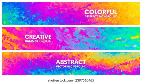 Set of colorful bright triangular wide geometric banners. Trendy artistic design for header, poster, flyer, cover or invitation. Modern psychedelic rainbow graphic template design. Vector illustration