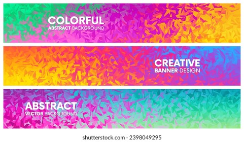 Conjunto de coloridos y luminosos banners triangulares geométricos grandes. Diseño artístico de moda para cabecera, afiche, volante, portada o invitación. Diseño moderno de plantillas gráficas psicodélicas de arcoiris. Ilustración del vector