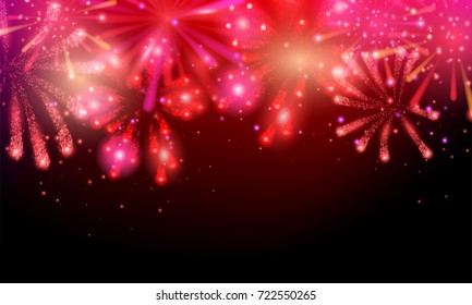 Set of colorful and bright vector fireworks on dark background. Vector illustration for your graphic design.