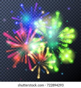 Set of colorful and bright vector fireworks on dark background. Vector illustration for your graphic design.