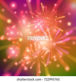 Set of colorful and bright vector fireworks on dark background. Vector illustration for your graphic design.