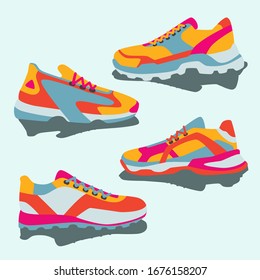 Set of colorful bright yellow pink blue orange sneakers. Vector flat simple illustration of fitness and sport, gym shoe. Sign shop graphics