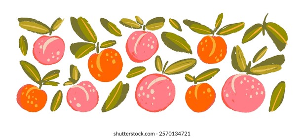 Set of colorful brush drawn peaches or apricots with leaves. Hand drawn funky naive fruit illustrations for collages, graphic design, posters, cards. Vector peaches and apricots with rough texture.