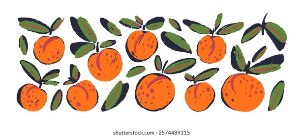 Set of colorful brush drawn peaches or apricots with leaves. Hand drawn funky naive fruit illustrations for collages, graphic design, posters, cards. Vector peaches and apricots with rough texture.