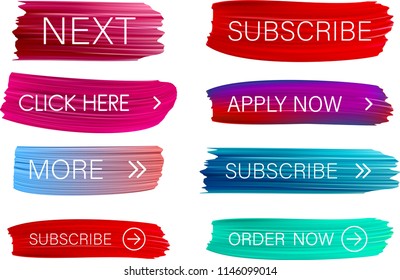Set of colorful brush stroke painted web buttons isolated on white background. Vector illustration.