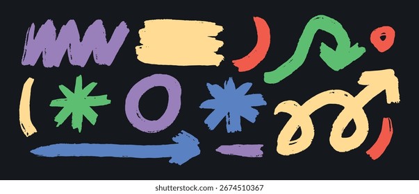 Set von bunten Pinsel Stroke Formen Pfeile Sterne Linien Kreise und Scribbles. handgezeichnete Elemente im Stile eines Buntstils auf schwarzem Hintergrund. Abstrakte Marker Doodle Vektorgrafik.