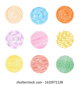 Set of colorful brush strokes circles on white background.
