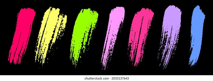 Set of colorful brush strokes. Dirty grunge texture. Different grunge brush strokes. Dirty artistic design elements isolated on black background. Neon colorful ink. Vector illustration
