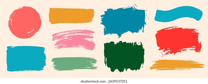 Set of colorful brush strokes, lines, hand painted design elements. Boxes, textures, backgrounds for text. Rough grunge edges. Artistic brushes.