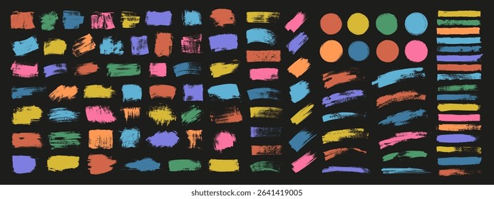 Set of colorful brush strokes, lines, hand painted design elements. Boxes, textures, backgrounds for text. Rough grunge edges. Artistic brushes.