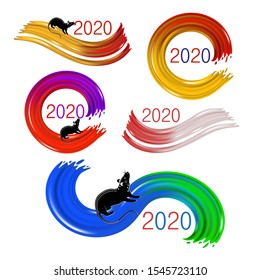 Set of colorful brush strokes New Year 2020. Year of the rat. Modern flow, wave Liquid shape. Dynamic elements design. Paint splash, splatter, colorful curl, vivid ribbon. Vector illustration.