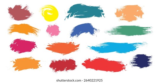 Set of colorful brush strokes.  Rough grunge edges. Vector realistic illustration of a red paint tube, paintbrush and brush. A set of dynamic grunge paint strokes doodles with transparent backgrounds.