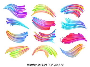 Set of colorful brush strokes. Wave liquid shape color element isolated on white background. Brushstroke oil or acrylic digital paint for trendy design . Abstract vector illustration