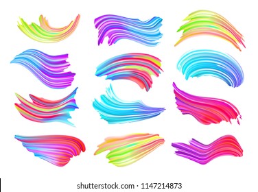 Set of colorful brush strokes. Wave liquid shape color element isolated on white background. Brushstroke oil or acrylic digital paint for trendy design . Abstract vector illustration