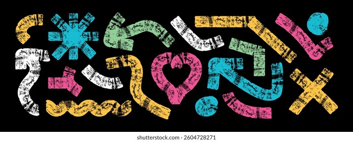 Set of colorful brush-drawn bold geometric shapes, arrows, asterisks and circles. curly brush strokes for banner, print or collage. Grunge style rough symbols and vector shapes.