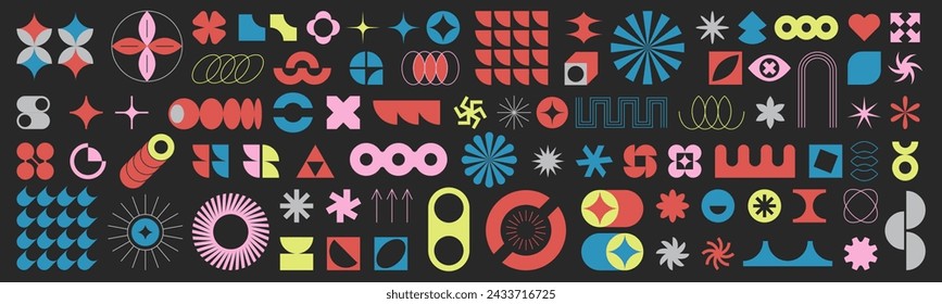 Set of colorful brutalist geometric shapes. Trendy minimalist figures, flower, circle, stars and abstract bauhaus forms. Retro futuristic simple basic form elements, contemporary symbol, sparkle icons
