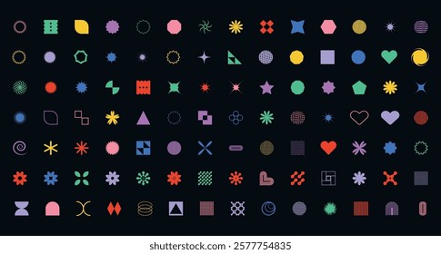 Set of colorful brutalist geometric shapes Trendy minimalist basic figures Modern graphic design element on black background Vector illustration