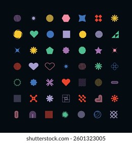 Set of colorful brutalist geometric shapes Trendy minimalist basic figures Modern graphic design element on black background Vector illustration