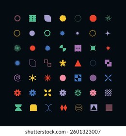 Set of colorful brutalist geometric shapes Trendy minimalist basic figures Modern graphic design element on black background Vector illustration