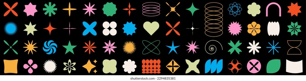 Set of colorful brutalist shapes. Minimalist geometric elements. Vector illustration isolated on black background