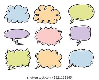 Conjunto de balão colorido fala. Com estilo desenhado à mão doodle. Para layout, site, design gráfico.