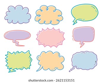 Conjunto de discurso de burbuja de colores. Con estilo dibujado a mano doodle. Para la distribución, el Sitio web, el Diseño gráfico.