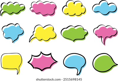 Set of colorful bubble speech vector with outline, Isolated on white background. Bubbles speech doodle good for Banners, price tags, stickers, clip art, posters, badges, chat, conversation, comic.