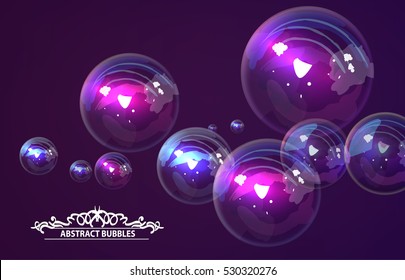 Set colorful bubble in vector. Soap bubbles with transparent designed for any color backgrounds. Isolated Water balls collection on purple