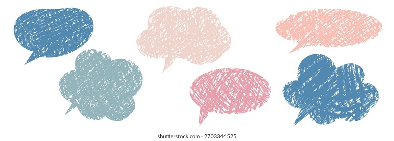 Ein Satz bunter, blasenförmiger Rahmen, die mit Farbstiften gezeichnet sind. Handgezeichnet mit Bleistift oder Pastellfarben ergeben diese Rahmen eine raue Textur. Vektorgrafik für die Schule, Banner, Aufkleber.