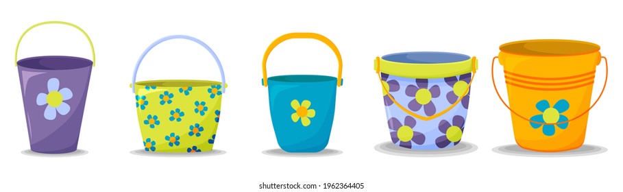 Set of colorful buckets isolated on white background