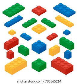 Set Of Colorful Building Blocks Of A Children's Designer In The Isometric Style. 3D. Vector Illustration. Icons.