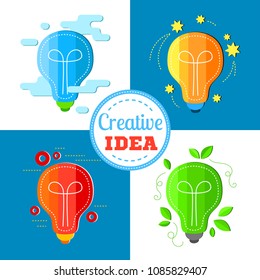 Set of colorful bulb icons.  Idea, creative  technology. Abstract think, mind, innovations, and solutions. Vector illustration.