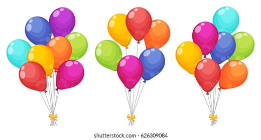 Set of colorful bunches of birthday balloons flying for party and celebration. Balloons set in modern flat style. Vector illustration